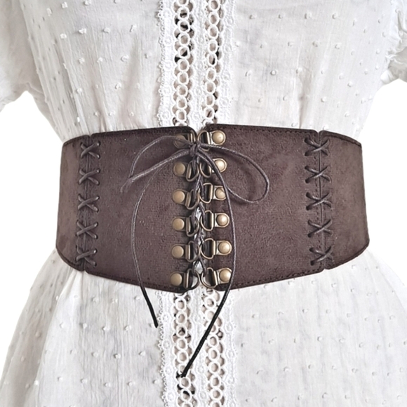 Boutique Accessories - Western Brown wide corset lace up stretch faux suede leather waist dress belt